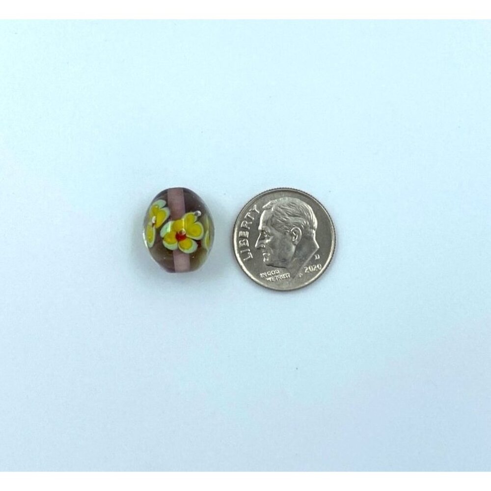 Handcrafted Lampwork Glass Beads With Floral Design  Purple & Yellow  Set Of 5